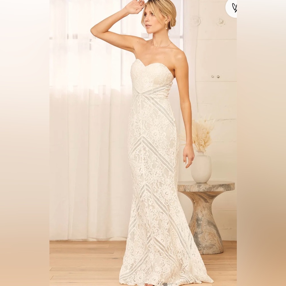 Lulus White Lace Strapless Mermaid Maxi Dress